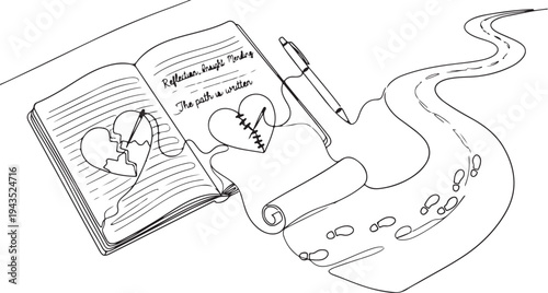 Line Art Concept of a Journaling Journey with a Mending Heart and a Winding Path, Representing Emotional Healing, Reflection, and Personal Growth