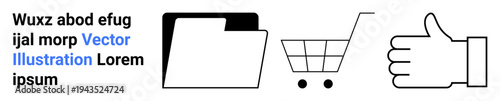 Business organization, online shopping, approval, digital storage, retail services, consumer feedback. Black folder, shopping cart thumbs-up icon. Business organization and online shopping concept