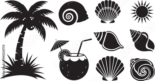 Black and white tropical beach icons and silhouettes collection