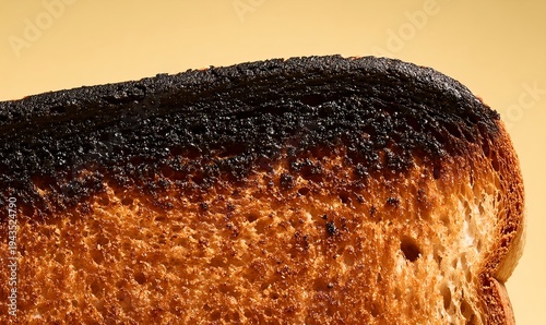 Charred sourdough grilled cheese sandwich with heavily burnt crust and molten cheddar cheese center on bold yellow studio backdrop in dramatic high contrast editorial food photography style