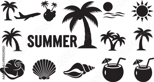 Black Summer Icons on White Background Silhouette Collection