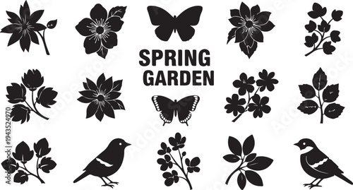 Black silhouettes of spring garden flowers and birds scene
