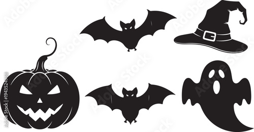 Halloween icons including pumpkin, bats, ghost, and witch hat