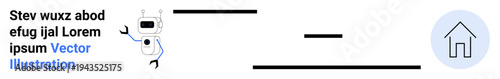 Technology, automation, robotics, smart homes, innovation, digital solutions. Robot with tools alongside a house icon. Technology and automation concepts smart home integration