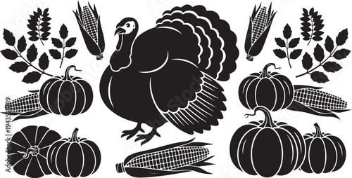 Thanksgiving harvest illustration with turkey and vegetables silhouette