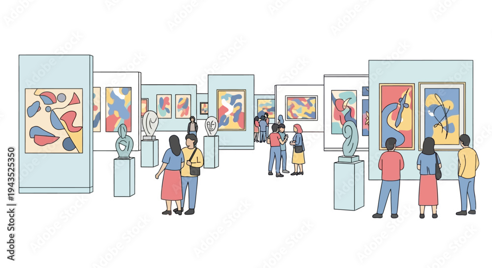 Obraz premium People viewing artwork in a modern art gallery with abstract paintings and sculptures