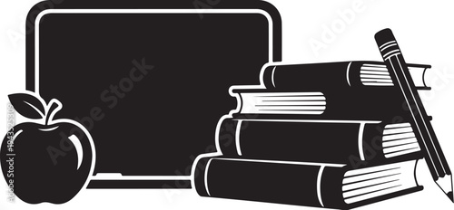 Education icons, books, apple, and pencil on white background