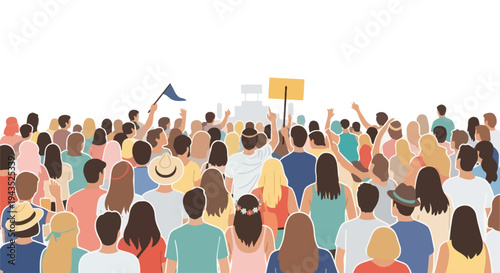 Crowd of people protesting in the city with signs and flags