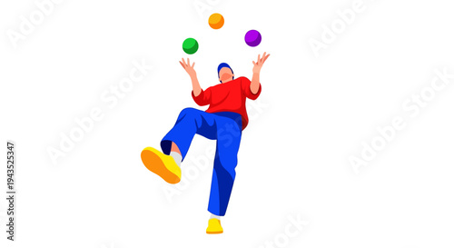 Man juggling balls in mid-air, dancing on white background with bright colors