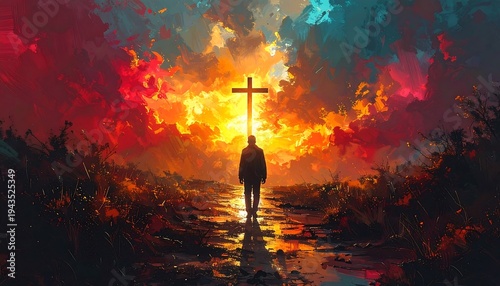 A silhouette of a person walks towards a cross engulfed by a radiant sunset, against a vibrant, painterly backdrop