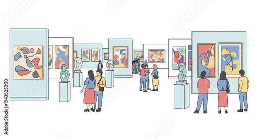 People viewing artwork in a modern art gallery with abstract paintings and sculptures