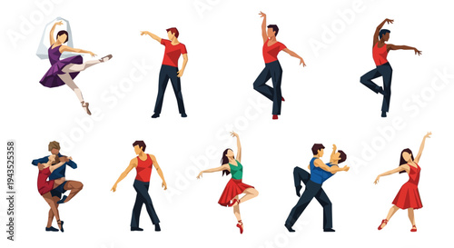 Dancers performing various dance styles on white background