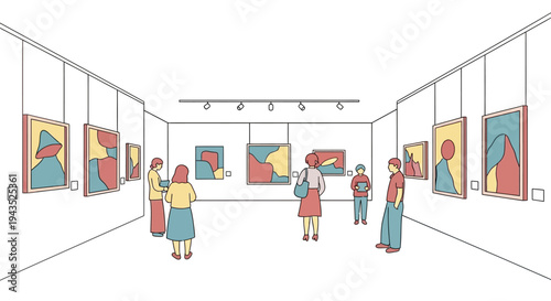 People viewing artwork in a modern art gallery with colorful paintings and spotlights