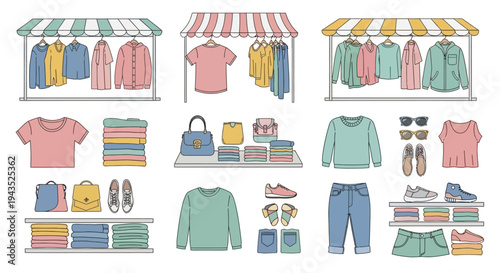 Clothing and accessories displayed on market stalls and shelves in a retail setting