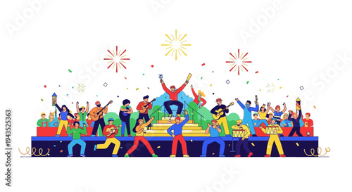 Group of people celebrating on stage with music and fireworks