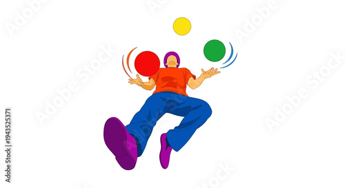 A man is juggling colorful balls in the air in a dynamic pose on a white background
