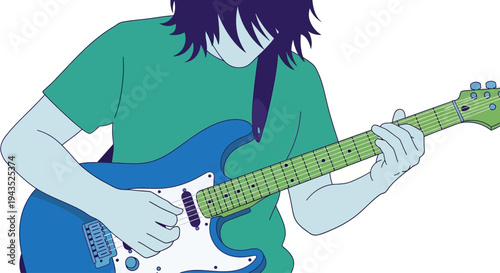 Man playing electric guitar with passion and energy on white background