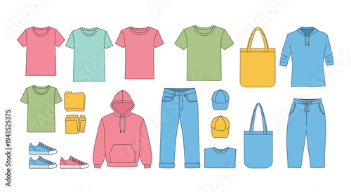 Assorted clothing items and accessories displayed on a white background