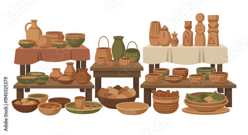 Clay pottery and baskets on display tables with various household items