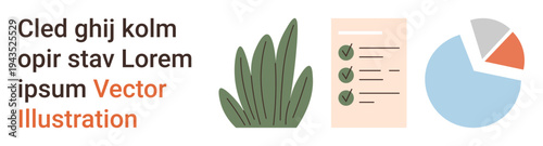 Business planning, data analysis, goal setting, productivity, task management, strategy. A checklist, pie chart decorative plant. Business planning and data analysis concept