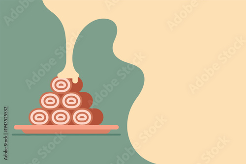 Stacked dessert rolls on plate with creamy icing topping.