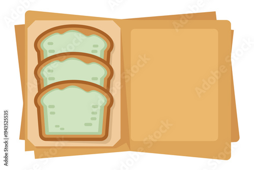 Open book displaying avocado toast slices illustration.