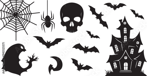 Halloween icons including bats, spider, skull, and haunted house