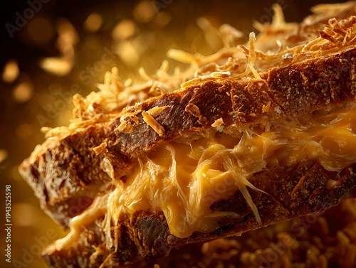 High detail grilled cheese sandwich with golden crust and stretchy melted center in modern studio composition
