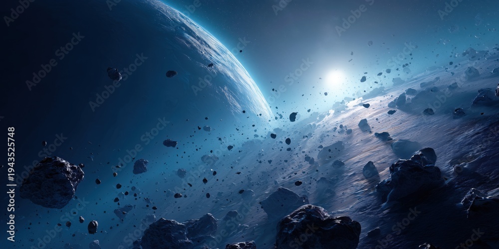 Fototapeta premium an asteroid belt in space, a planet in the background, blue light, space art, a space landscape, planet earth, planet jupiter, a moon surface, space debris, an asteroid field Generative AI