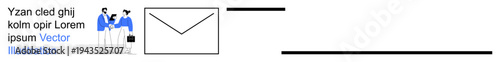 Corporate communication, business networking, email outreach, digital correspondence, teamwork, professional services. Two figures next to an envelope icon. Corporate communication and digital