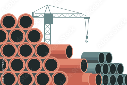Pipes and crane at industrial construction site illustration.