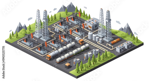Industrial Oil and Gas Refinery Complex with Storage Tanks and Pipelines.