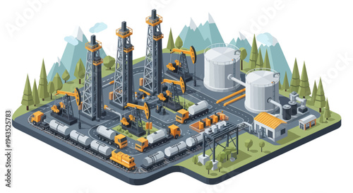 Industrial Oil Gas Refinery Plant with Storage Tanks and Trucks.
