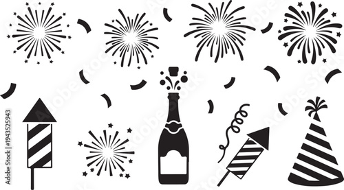 New Year's Eve Celebration Icons and Fireworks Elements Set