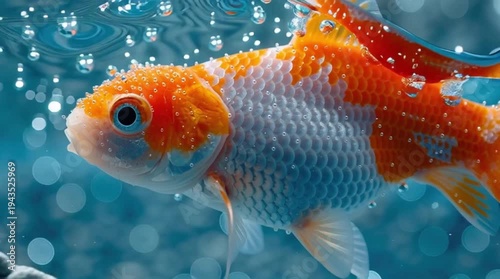 Orange goldfish swimming underwater with bubbles in vibrant blue aquarium closeup