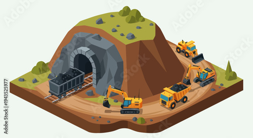 Isometric coal mine with excavators and trucks working.