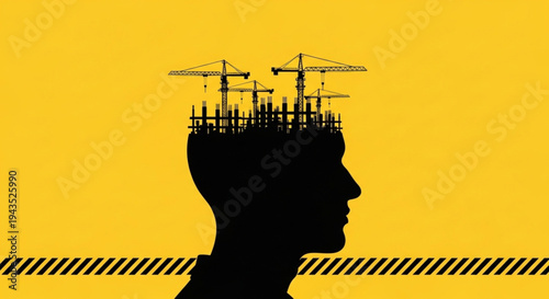 Building the Future Within A silhouette of a human head transformed into a bustling construction site, depicting mental development, innovation, and the power of thought and creativity