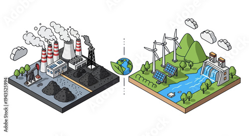 Isometric comparison of polluting fossil fuel power plants and clean renewable energy sources.