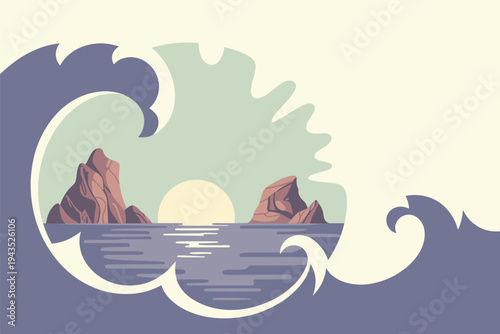 Peaceful ocean scene with islands and large wave frame design.