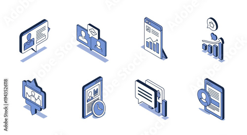 Isometric Icons Representing Digital Communication and Business Analytics.