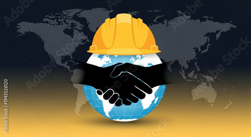 Work Safety Day Global Industrial Partnership and Safety Agreement Concept. A hard hat, handshake, and world map symbolize worldwide construction and business collaboration