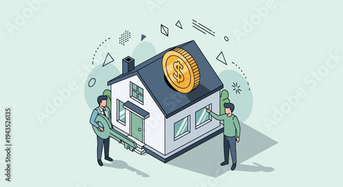 Isometric illustration of two men and a house with a bitcoin on the roof.