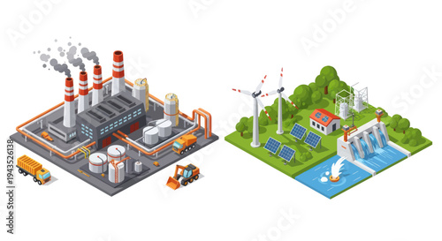 Isometric illustration of a polluting factory and a clean energy power plant.