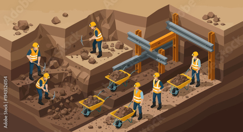Isometric illustration of construction workers digging a trench.