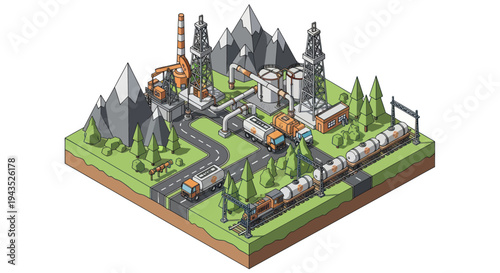 Isometric Industrial Complex with Trains and Mountains.