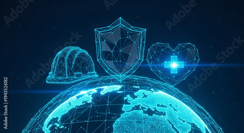 Global digital framework protecting health, safety, and security worldwide, visualized with interconnected wireframe icons on a technological earth