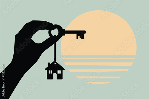 Hand holding house key with sun or moon background.