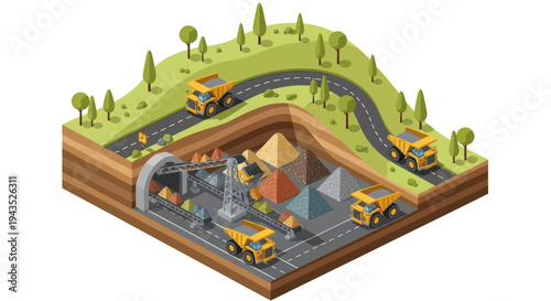 Isometric Mining Operation with Trucks and Underground Tunnels.