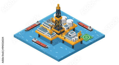 Isometric Offshore Oil Rig Platform with Supply Ships.