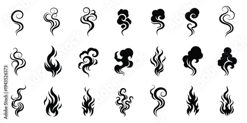 Diverse abstract smoke and flame iconography collection in minimalist black and white design